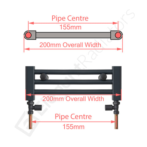200mm wide towel rail pipe centre measurement diagram
