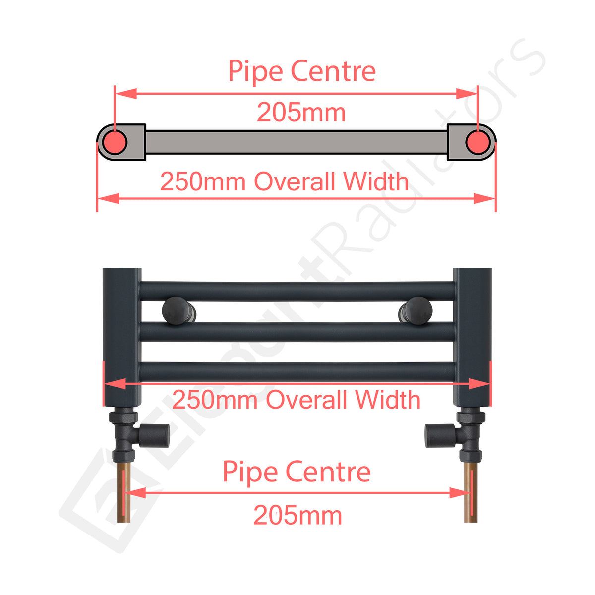 250 mm Wide Towel Rail Pipe Centre / Axis  205mm Diagram