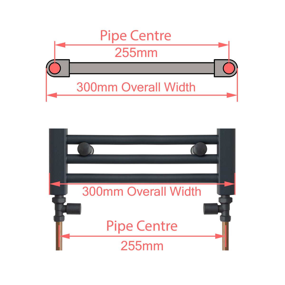 300 mm Wide Towel Rail Pipe Centre / Axis  255mm Diagram