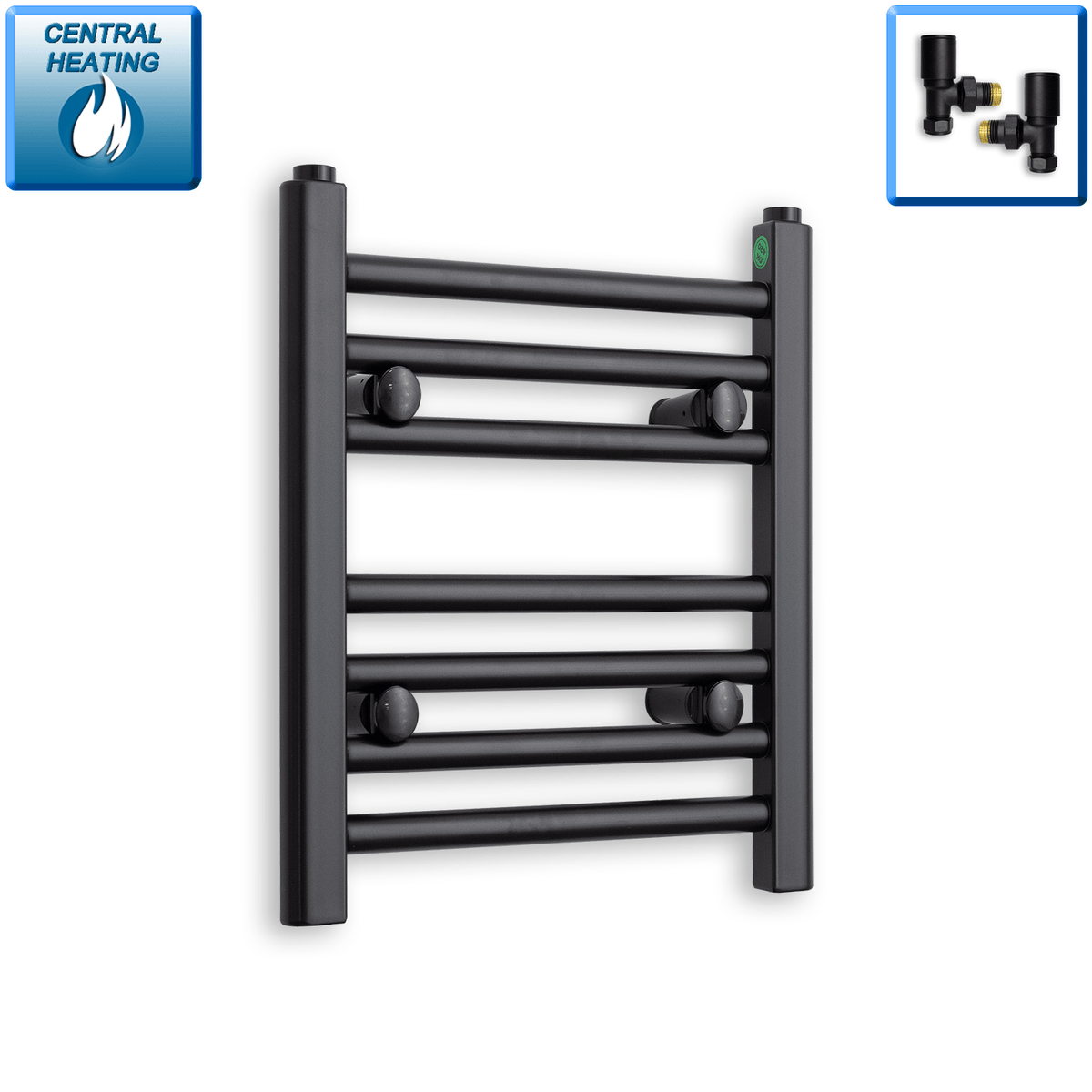 With Angled Valves 400 mm High x 300 mm Wide Flat Black Heated Towel Radiator