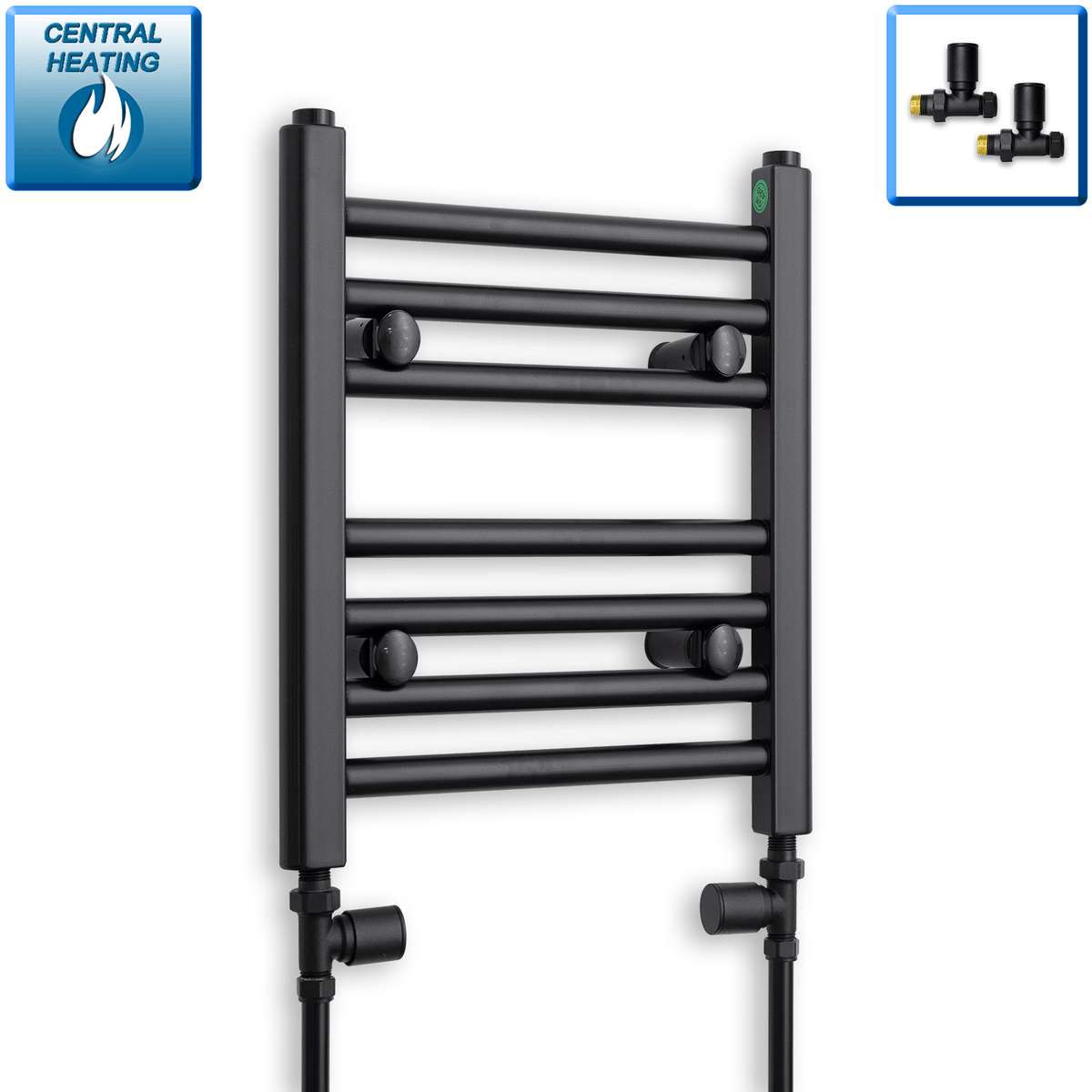 With Straight Inline Valves 400 mm High x 300 mm Wide Flat Black Heated Towel Radiator