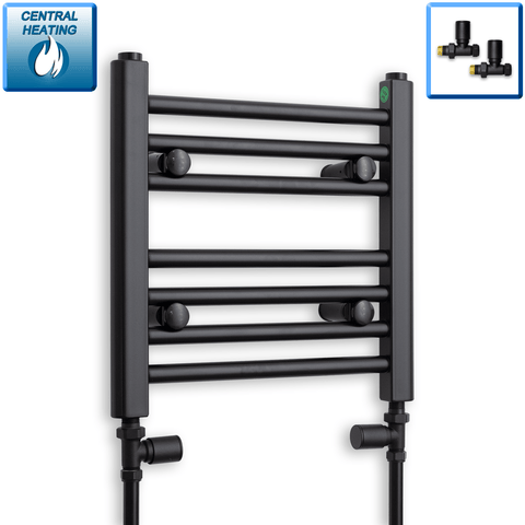 With Straight Inline Valves 400 mm High x 400 mm Wide Flat Black Heated Towel Radiator