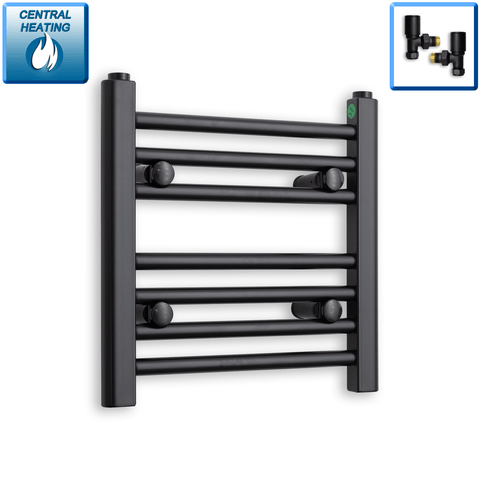 With Angled Valves 400 mm High x 400 mm Wide Flat Black Heated Towel Radiator