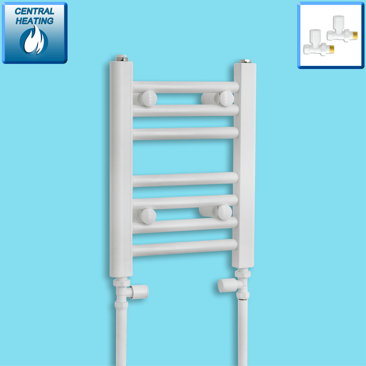 With Straight Inline Valves 400 x 300 Heated Towel Rail Radiator Flat White