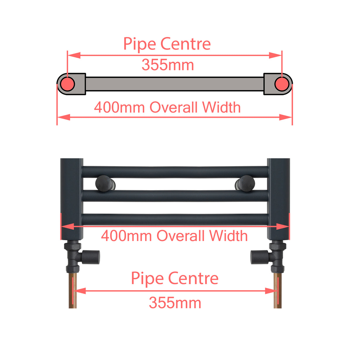 400 mm Wide Towel Rail Pipe Centre / Axis  355mm Diagram