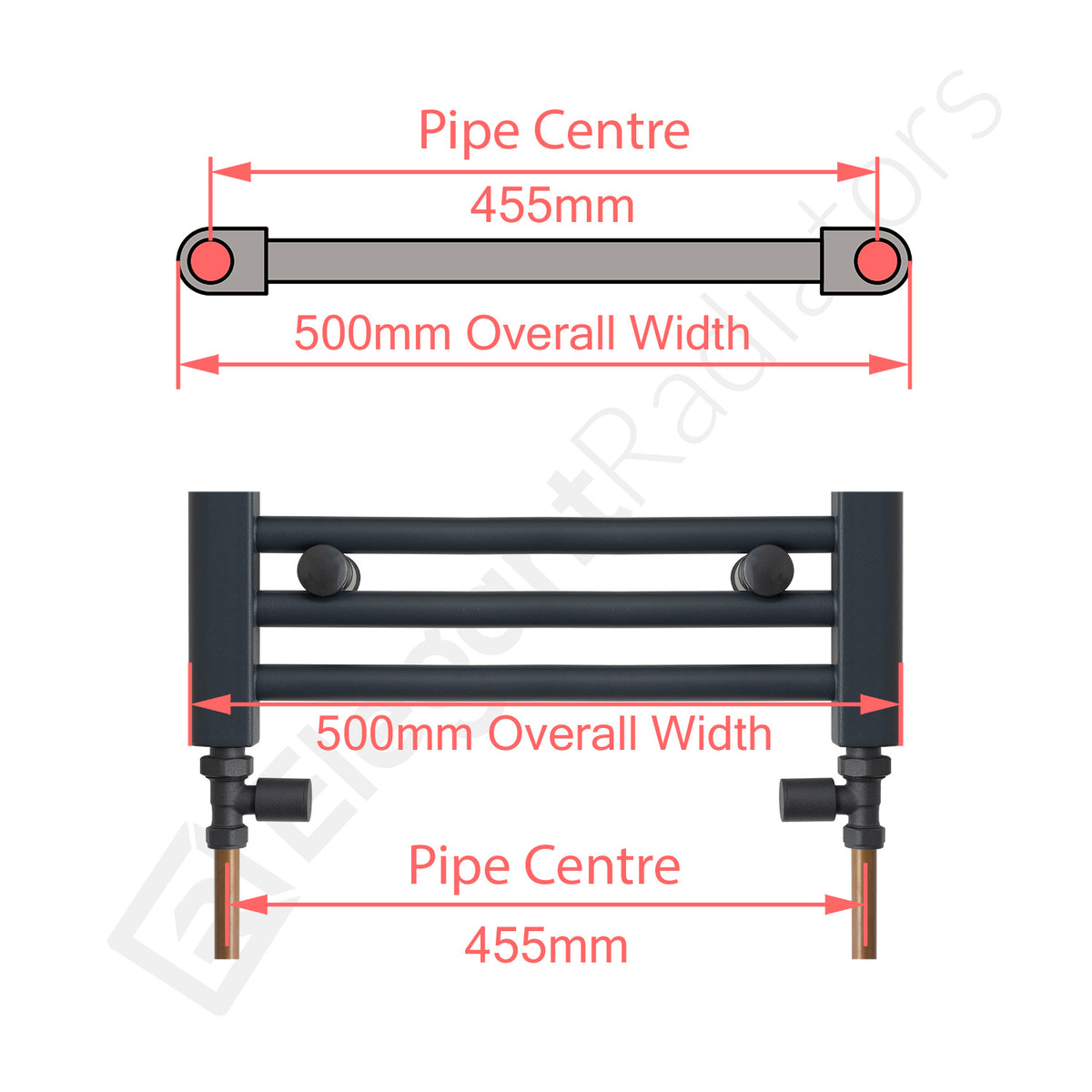 500 mm Wide Towel Rail Pipe Centre / Axis  455mm Diagram