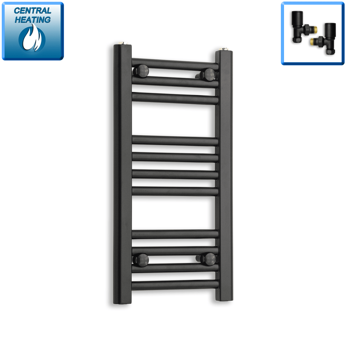 With Angled Valves 600 mm High x 300 mm Wide Flat Black Heated Towel Radiator