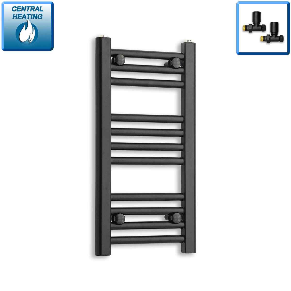 With Straight Inline Valves 600 mm High x 300 mm Wide Flat Black Heated Towel Radiator