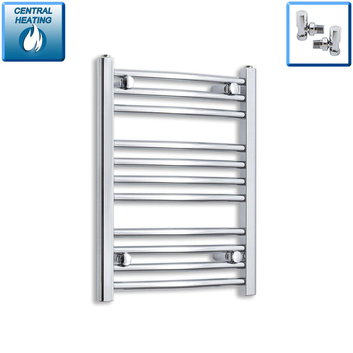 With Angled Valves 600 mm High x 450 mm Wide Heated Curved Towel Rail Radiator Chrome