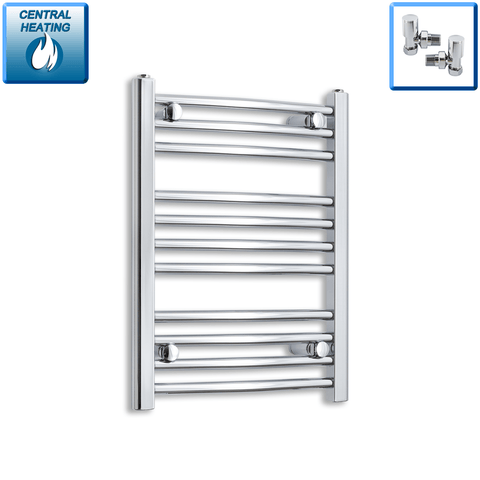 With Angled Valves 600 mm High x 450 mm Wide Heated Curved Towel Rail Radiator Chrome