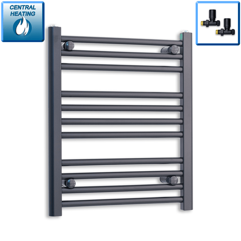 With Straight Inline Valves 600 mm High x 500 mm Wide Heated Towel Radiator Flat Black