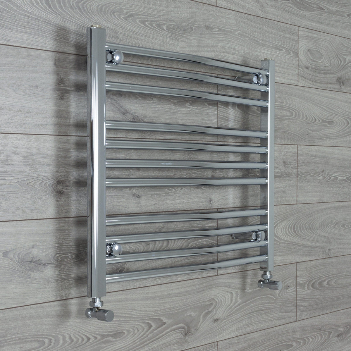 With Angled Valves 600 mm High x 750 mm Wide Heated Curved Towel Rail Radiator Chrome