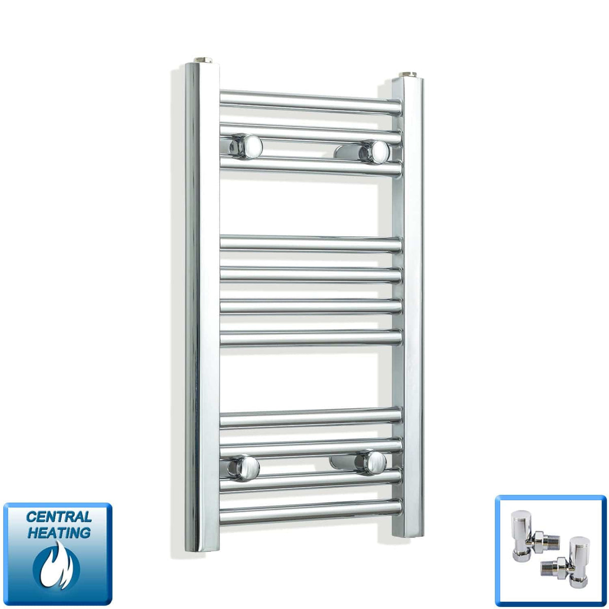 With Angled Valves 600 x 300 Heated Straight Towel Rail Radiator Chrome