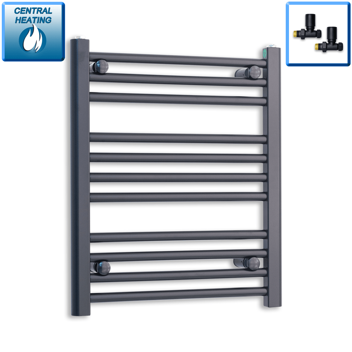 With Straight Inline Valves 600 x 550mm Wide Flat Black Towel Radiator