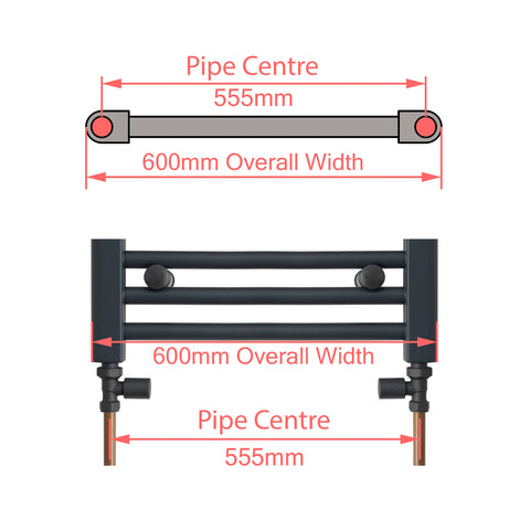 600mm Wide Towel Rail Pipe Centre / Axis 555mm diagram
