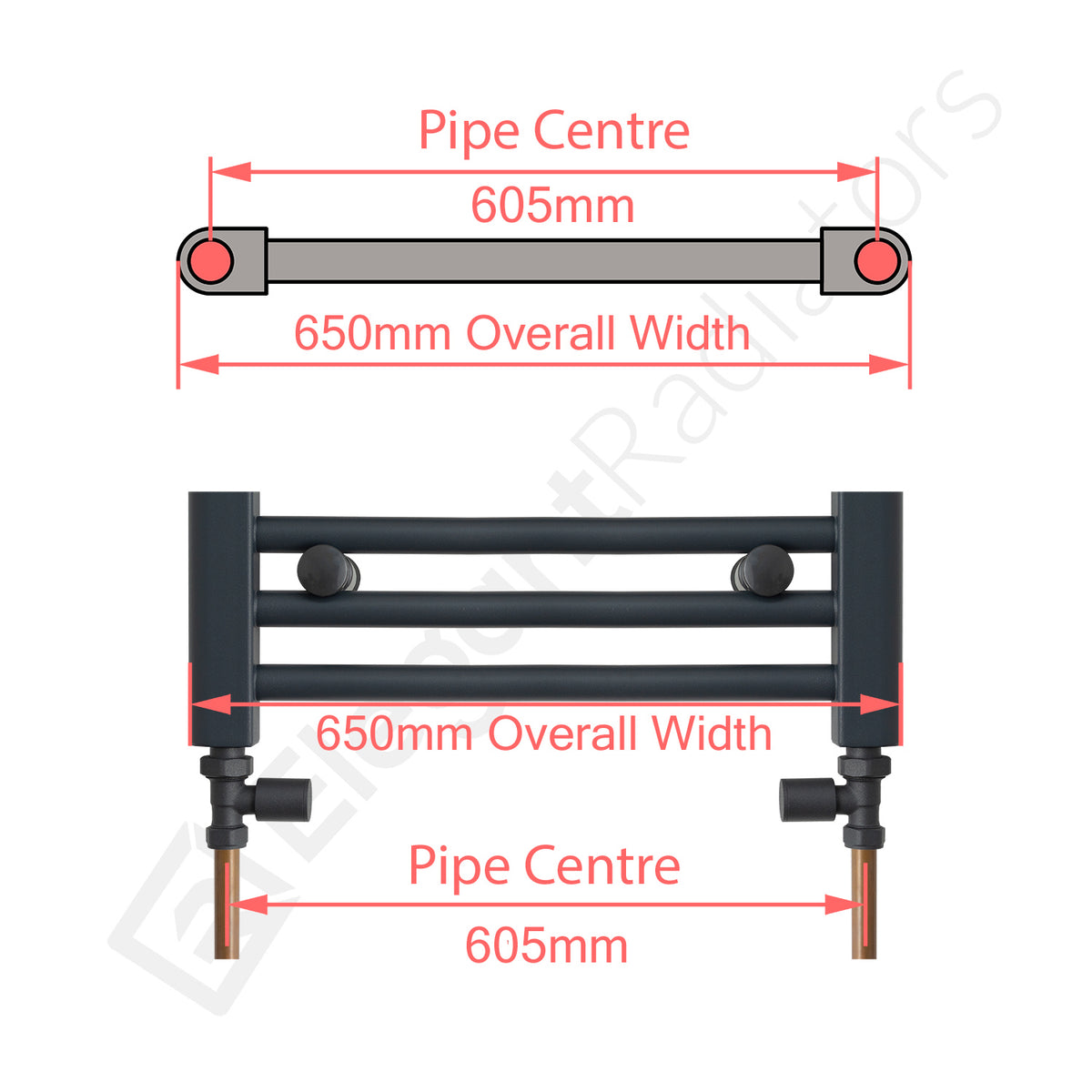 650mm Wide Towel Rail Pipe Centre / Axis 605mm diagram