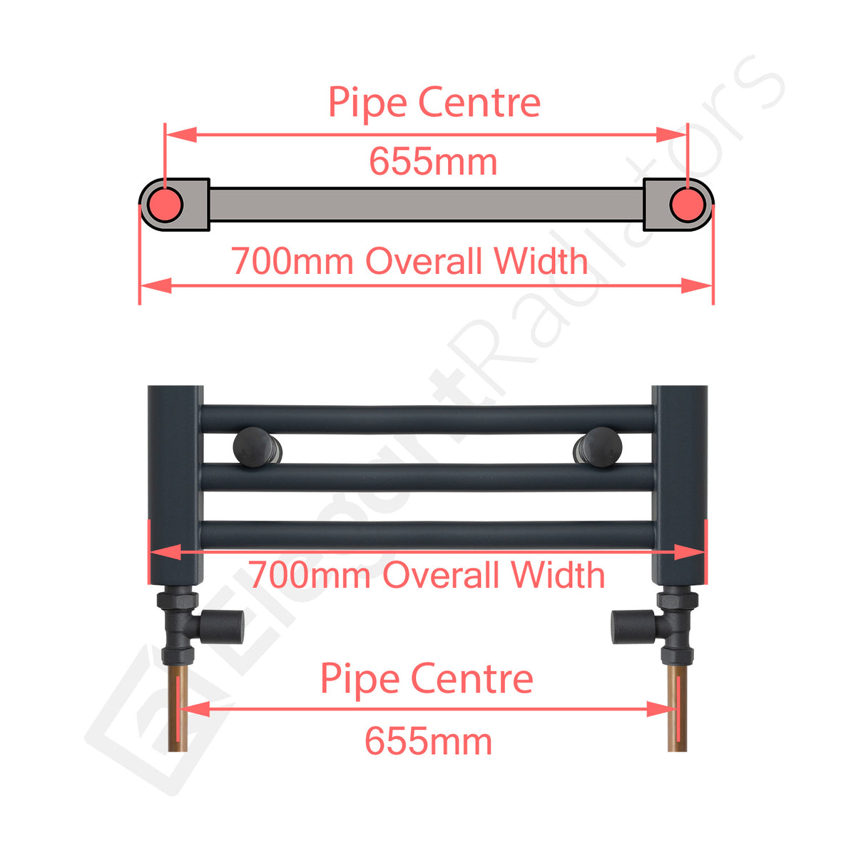 650mm Wide Towel Rail Pipe Centre / Axis 655mm diagram