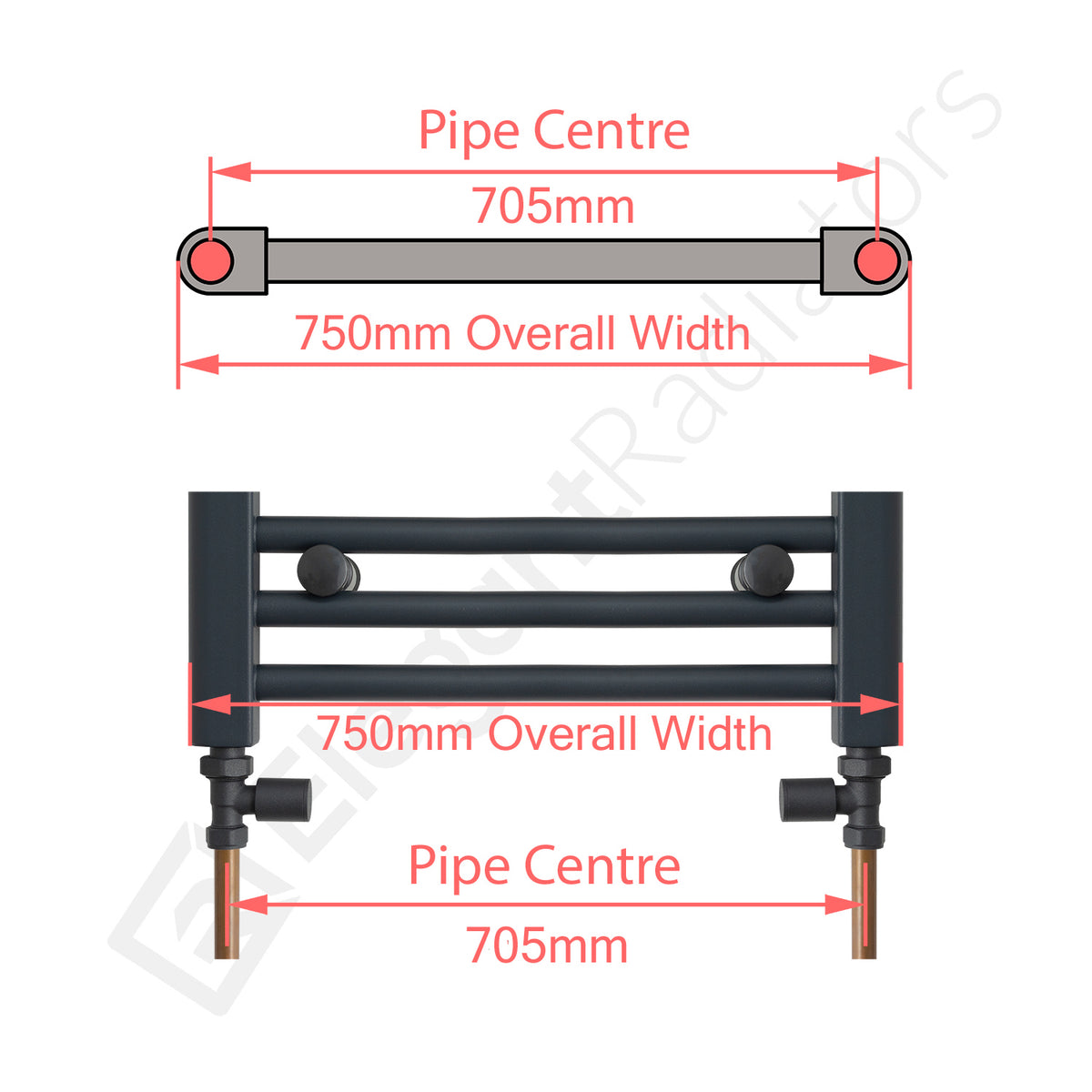 750mm Wide Towel Rail Pipe Centre / Axis 705mm diagram