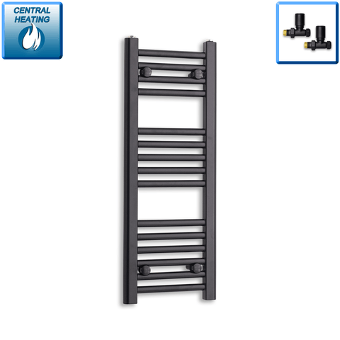 With Straight Inline Valves 800 mm High x 300 mm Wide Flat Black Heated Towel Radiator