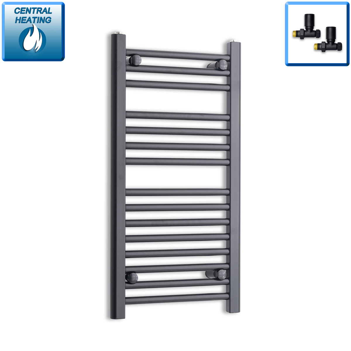 With Straight Inline Valves 800 mm High x 400 mm Wide Heated Towel Radiator Flat Black