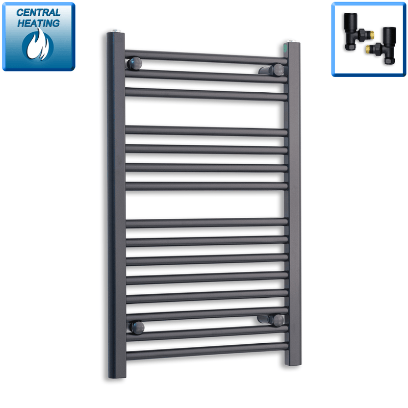 With Angled Valves 800 mm High x 500 mm Wide Heated Towel Radiator Flat Black
