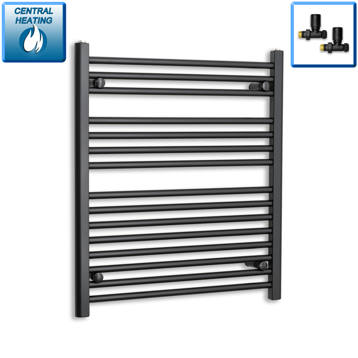 With Straight Inline Valves 800 mm High x 700 mm Wide Heated Towel Radiator Flat Black