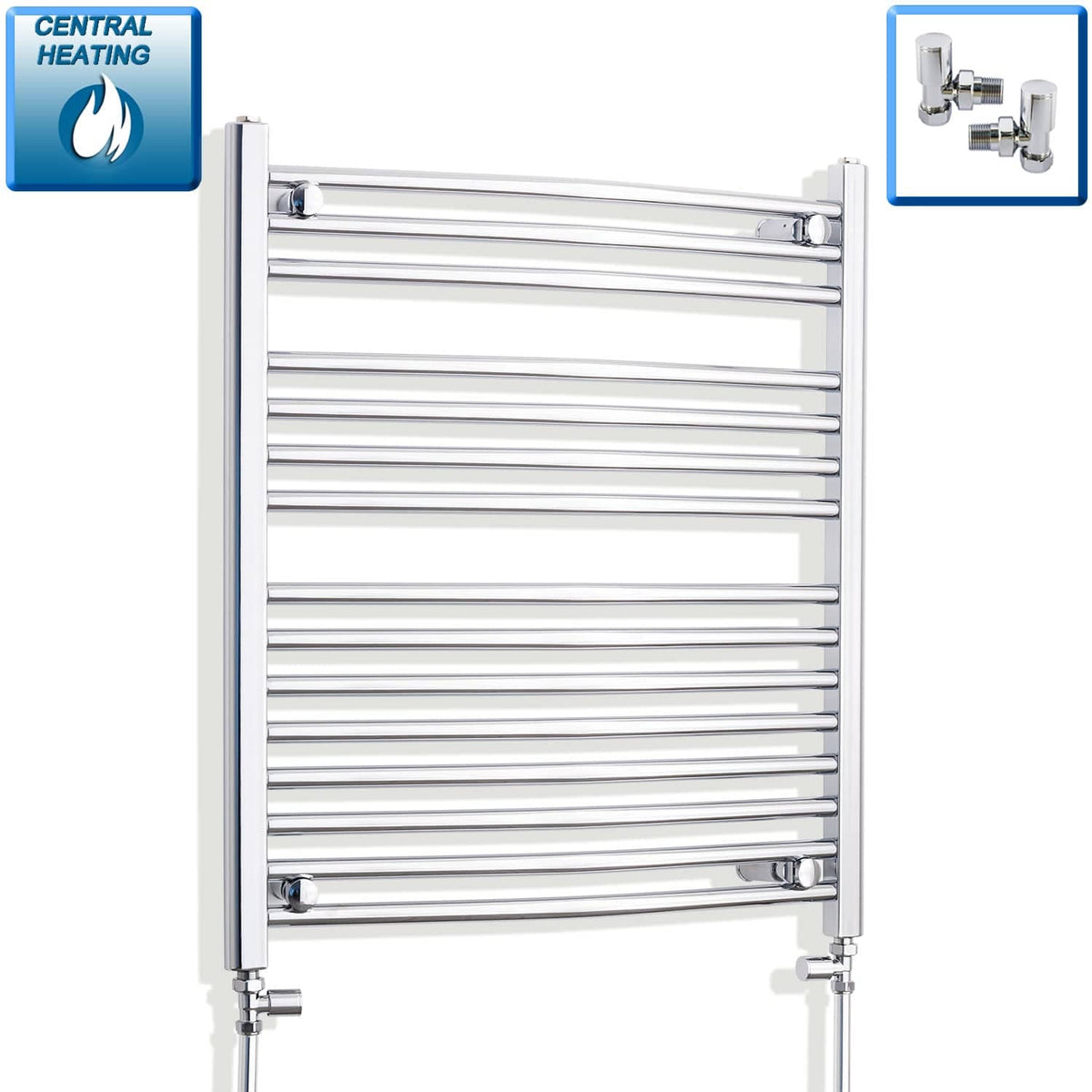 With Angled Valves 800 mm High x 750 mm Wide Heated Curved Towel Rail Chrome