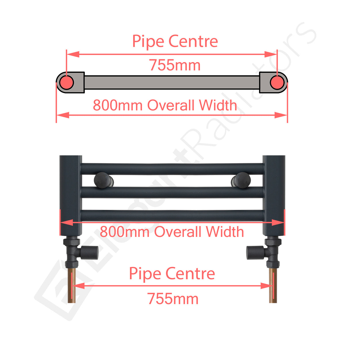 800mm Wide Towel Rail Pipe Centre / Axis 755mm diagram