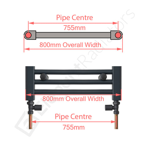 800mm Wide Towel Rail Pipe Centre / Axis 755mm diagram