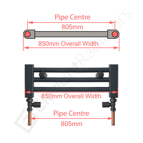 850mm Wide Towel Rail Pipe Centre / Axis 805mm diagram