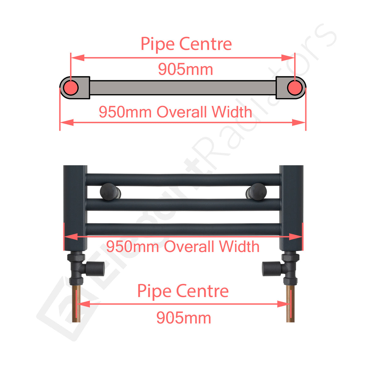 950mm Wide Towel Rail Pipe Centre / Axis 905mm diagram