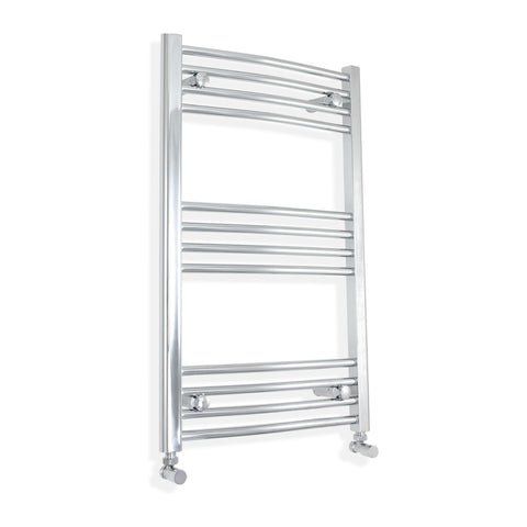 600mm Wide 800mm High Curved Chrome Towel Rail Radiator With Angled Valve