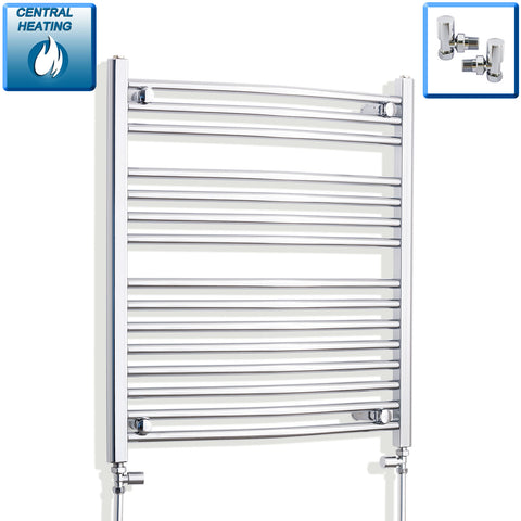 800 mm High x 700 mm Wide Heated Curved Towel Rail Radiator Chrome With Angled Valve