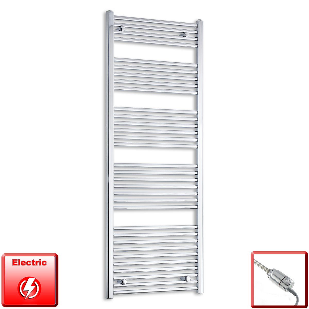 500mm Wide 1600mm High Pre-Filled Chrome Electric Towel Rail Radiator With Thermostatic GT Element
