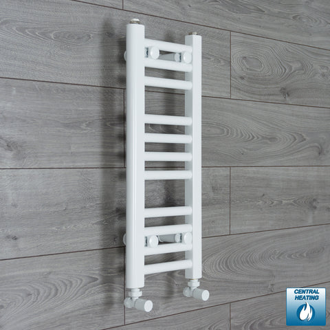 300mm Wide 600mm High White Towel Rail Radiator With Angled Valve