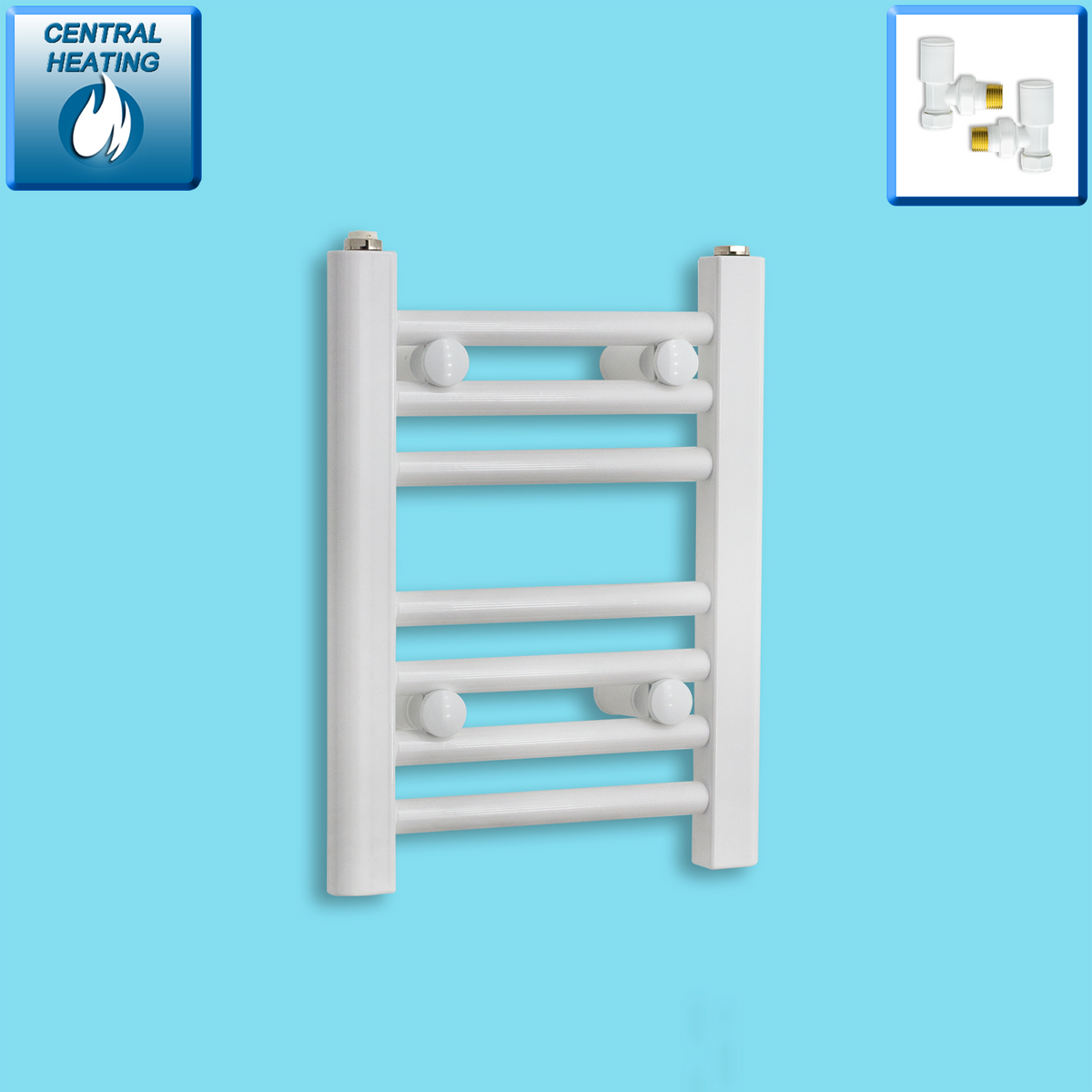 300mm Wide 400mm High White Towel Rail Radiator With Angled Valve