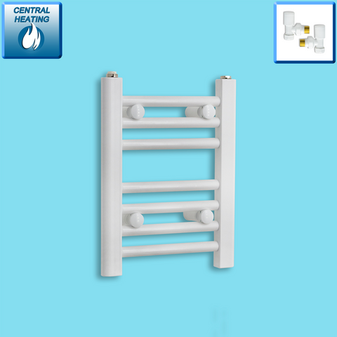 300mm Wide 400mm High White Towel Rail Radiator With Angled Valve