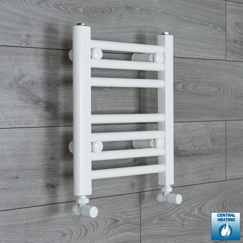 350mm Wide 400mm High White Towel Rail Radiator With Angled Valve