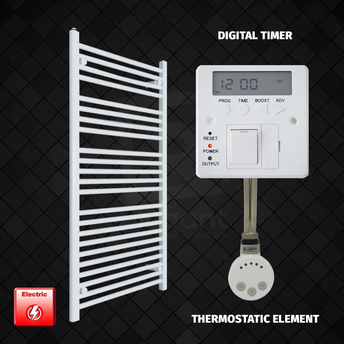 1300 mm High 700 mm Wide Pre-Filled Electric Heated Towel Rail Radiator White HTR MEG element Digital timer