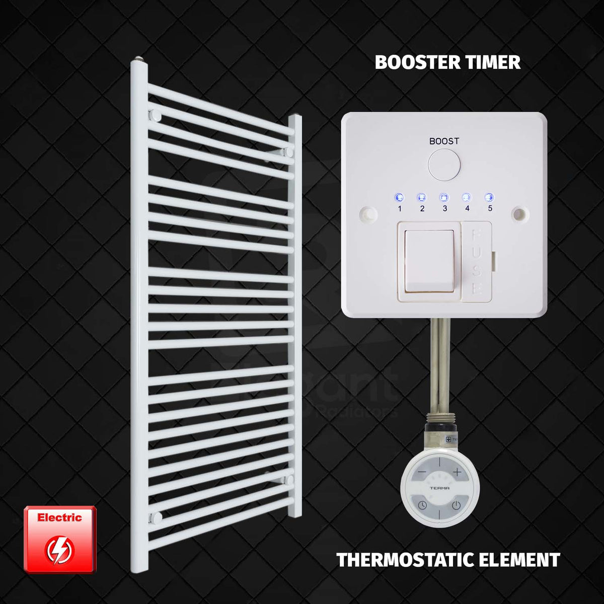 1300 mm High 700 mm Wide Pre-Filled Electric Heated Towel Rail Radiator White HTR MOA element Booster timer