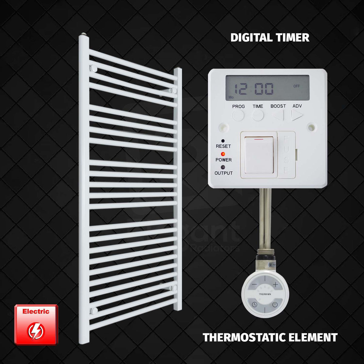 1300 mm High 700 mm Wide Pre-Filled Electric Heated Towel Rail Radiator White HTR MOA element Digital timer