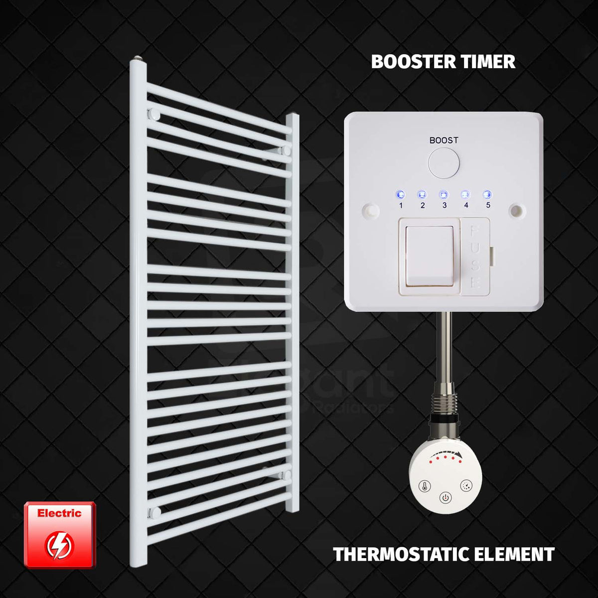 1300 mm High 700 mm Wide Pre-Filled Electric Heated Towel Rail Radiator White HTR SMR element Booster timer
