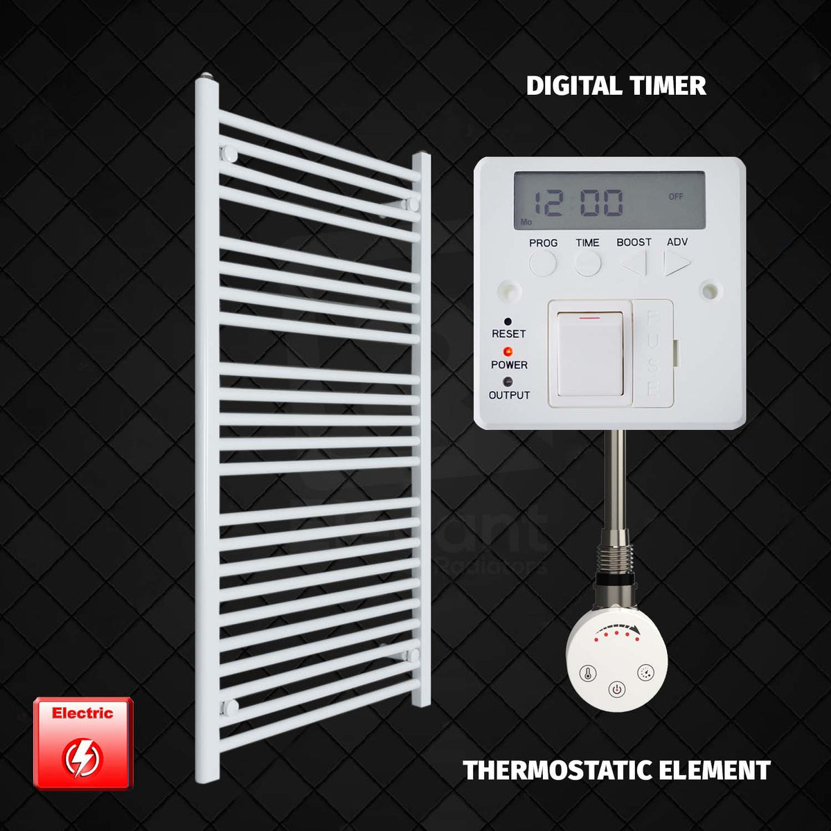 1300 mm High 700 mm Wide Pre-Filled Electric Heated Towel Rail Radiator White HTR SMR element Digital timer