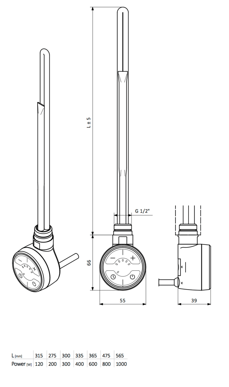 Black Thermostatic Heating Element Moa For Towel Radiator