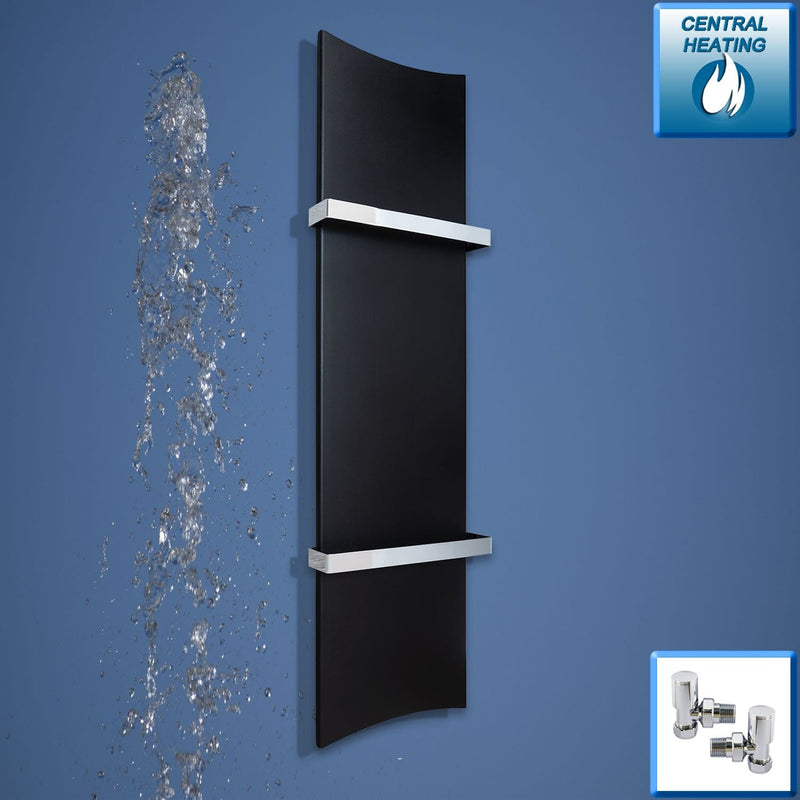with Angled Valves Designer Bone Style 1200 mm High x 300 mm Wide Heated Towel Rail Radiator Black