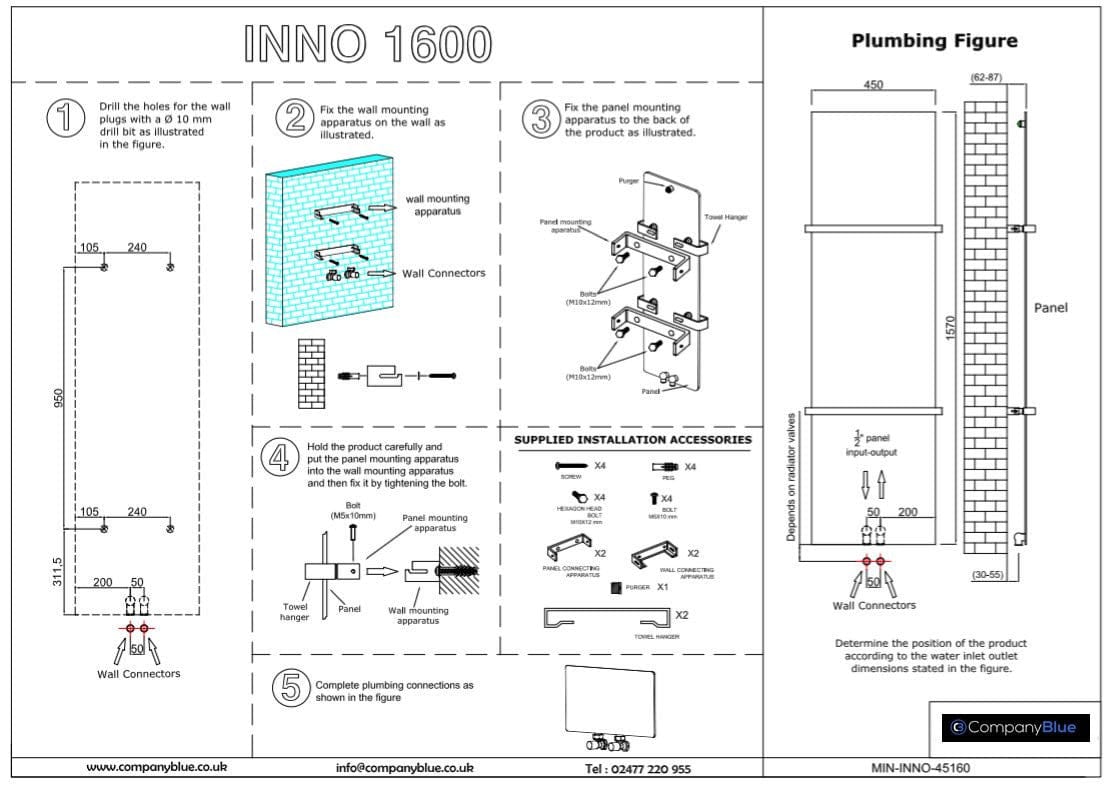 Designer Inno Style 1600 mm High x 450 mm Wide Heated Towel Rail Radiator White