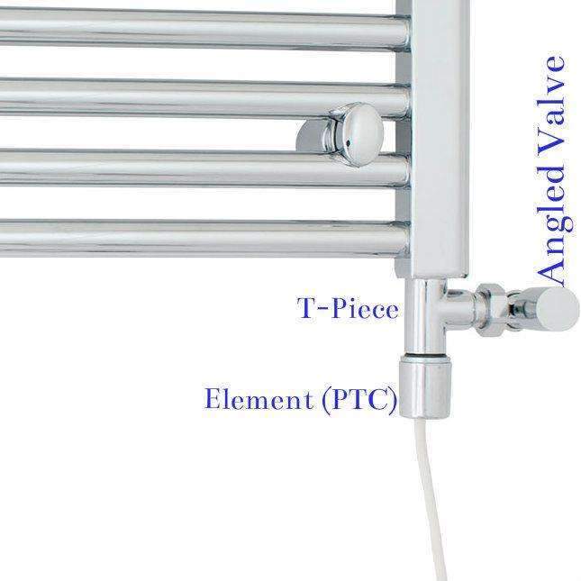 T-piece and angled valve dual fuel setup for a heated towel rail, with standard heating element