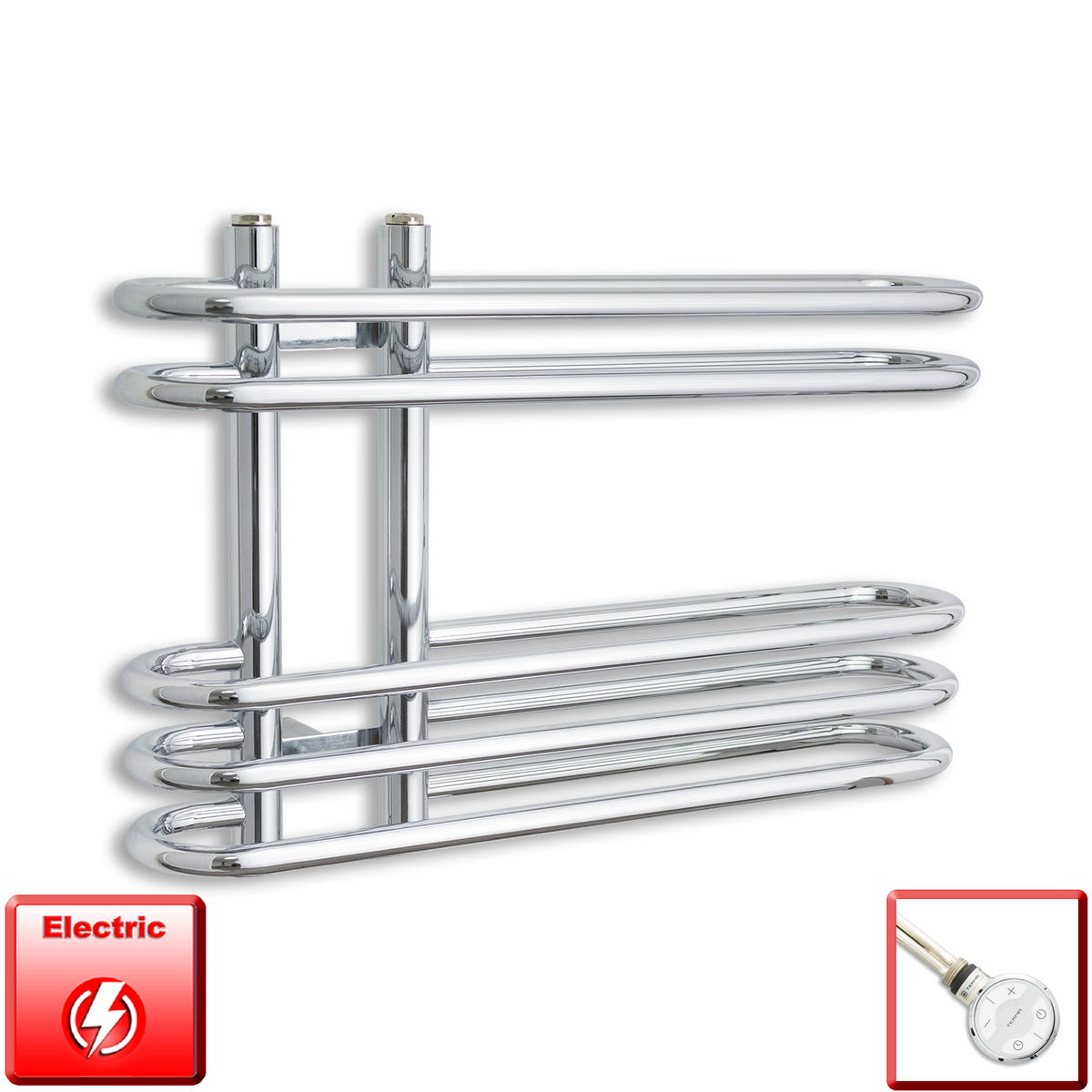 600mm Wide 400mm High Pre-Filled Chrome Electric Towel Rail Radiator With Thermostatic MOA Element