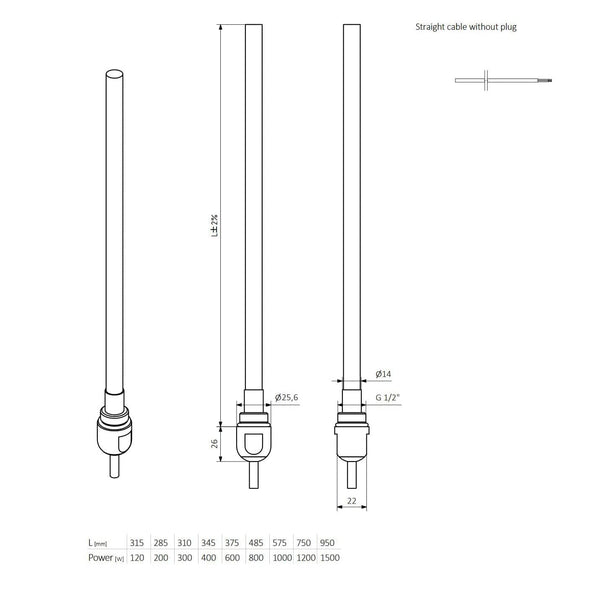 Terma Sim Single Heat Chrome Heating Element - For Electric Heated Towel Rail Radiator