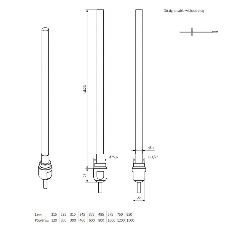 Terma Sim Single Heat Chrome Heating Element - For Electric Heated Towel Rail Radiator